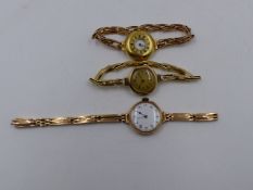 A 9ct GOLD WATCH ON EXPANDING BRACELET TOGETHER WITH A FURTHER 9ct WATCH ON A METAL CORE EXPANDING