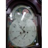 A LATE GEORGIAN OAK CASED EIGHT DAY LONG CASE CLOCK. 13.5" PAINTED ARCH TOP DIAL WITH MOON PHASE AND