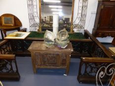 A VICTORIAN OAK ALTAR RAIL WITH PIERCED GOTHIC TRELLIS DECORATION.