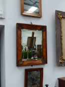 FOUR VARIOUS ANTIQUE MAPLE BURRWOOD FRAMED WALL MIRRORS.