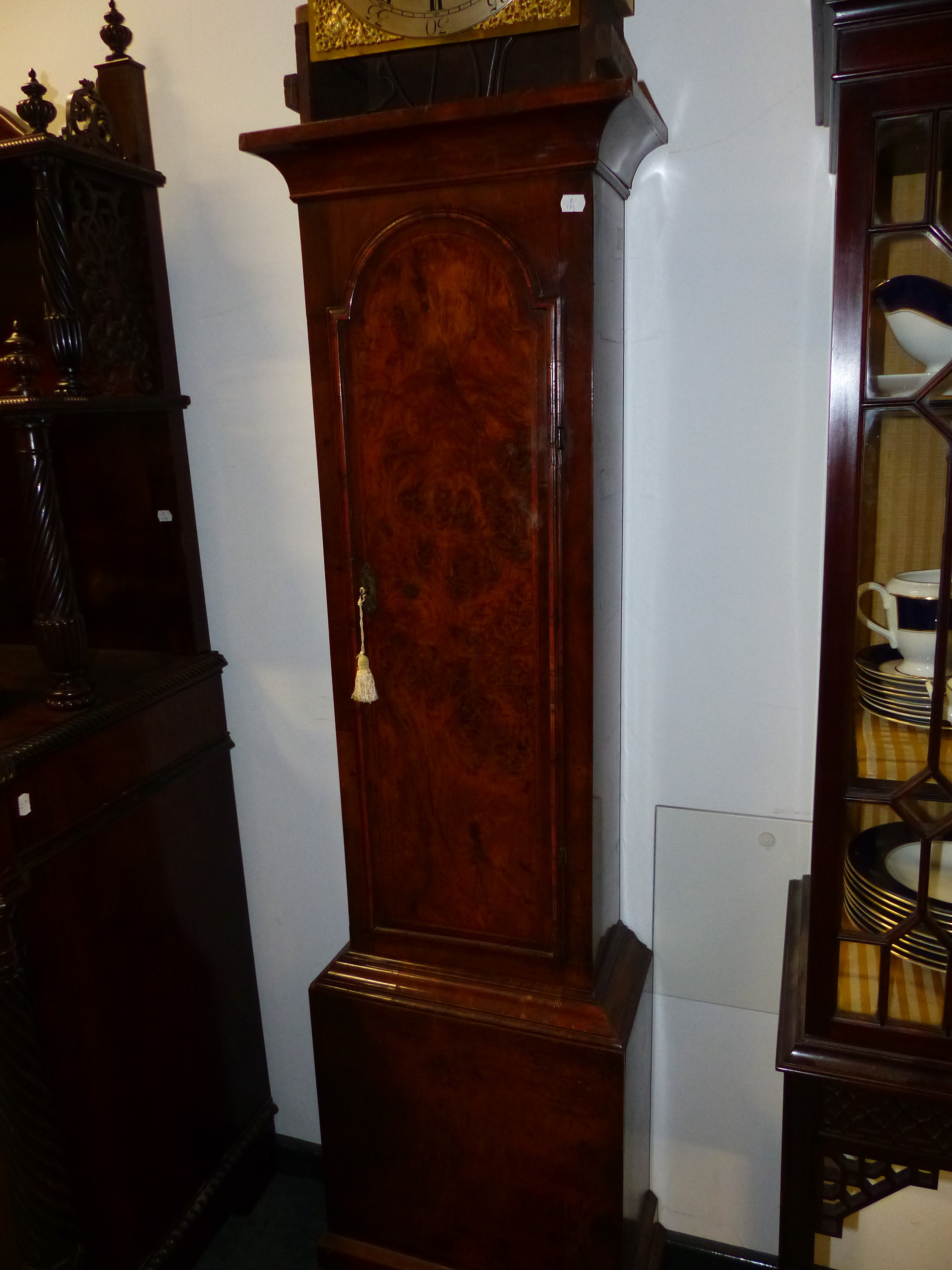 AN 18th.C.WALNUT CASED EIGHT DAY LONG CASE CLOCK WITH THREE TRAIN EIGHT BELL CHIMING MOVEMENT. 12" - Image 9 of 13