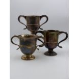THREE SIMILAR SILVER HALLMARKED TWO HANDLED CUPS, ONE 1739 LONDON, RICHARD BAYLEY, HEIGHT 13.5cms,