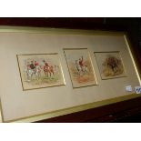 19th/20th.C. ENGLISH SCHOOL. SIX HUNT SCENES, WATERCOLOURS IN TWO FRAMES, ALL APPROX. 8.5 x 11cms.