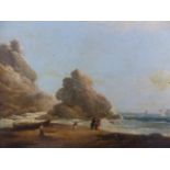 EARLY 19th.C.ENGLISH SCHOOL. FIGURES LOOKING OUT TO SEA ON A ROCKY FORESHORE, OIL ON PANEL. 33 x