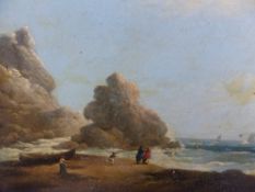 EARLY 19th.C.ENGLISH SCHOOL. FIGURES LOOKING OUT TO SEA ON A ROCKY FORESHORE, OIL ON PANEL. 33 x