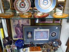 AN RAF LEATHER FLYING HELMET, A PAIR OF GOGGLES, POCKET WATCH, MAP READING INSTRUMENTS AND LATER