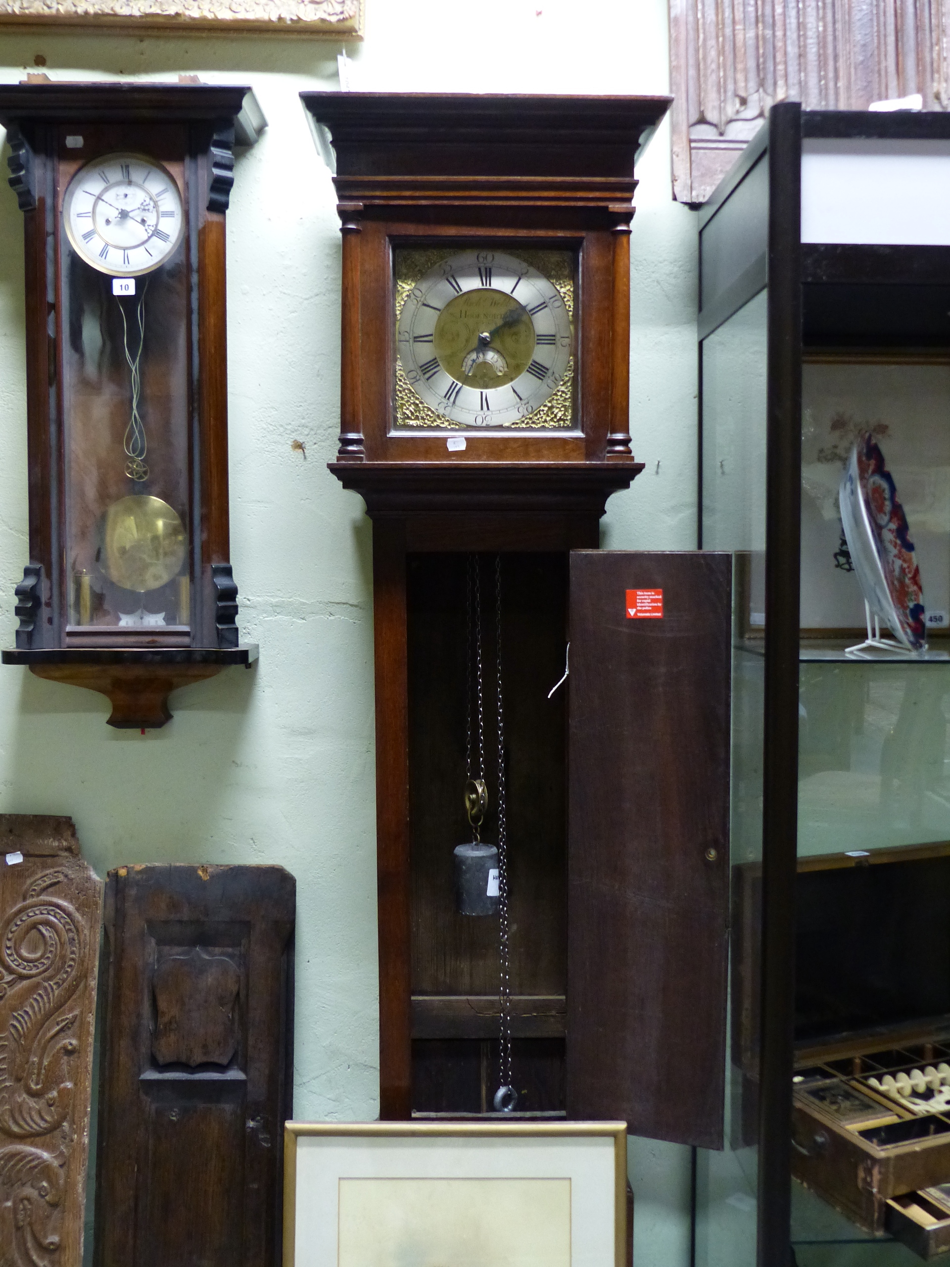 AN 18th.C.OAK CASED 30 HOUR LONG CASE CLOCK WITH BRASS DIAL SIGNED RICH.WEBB, HOOK NORTON. 9.5"