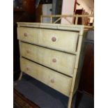 AN ANTIQUE PAINTED PINE AND BAMBOO CHEST OF THREE LONG DRAWERS. W.88cms.