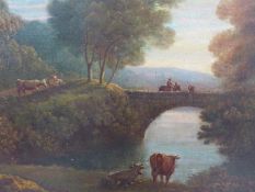 EARLY 19th.C.ENGLISH SCHOOL. CATTLE BY A BRIDGE, OIL ON CANVAS, UNFRAMED. 47 x 62cms.