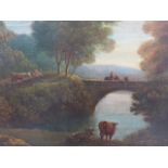 EARLY 19th.C.ENGLISH SCHOOL. CATTLE BY A BRIDGE, OIL ON CANVAS, UNFRAMED. 47 x 62cms.