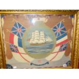 A VINTAGE WOOLWORK PANEL OF A SAILING SHIP SURROUNDED BY FLAGS AND ENTITLED HOMEWARD BOUND. 47 x