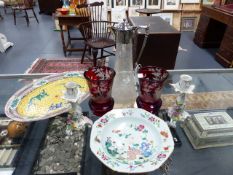 AN ANTIQUE ETCHED GLASS CLARET JUG, TWO BOHEMIAN GLASS SMALL VASES, TWO ORIENTAL PLATES,ETC.