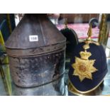 A VICTORIAN MILITARY BLUE CLOTH HELMET WITH GILT BRASS PLATE AND SPIKE FINIAL COMPLETE WITH METAL