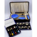 A CASED SET OF TWELVE SILVER AND FLORAL MOTIF ENAMELLED SPOONS 1972 BIRMINGHAM, S J ROSE & SON, A