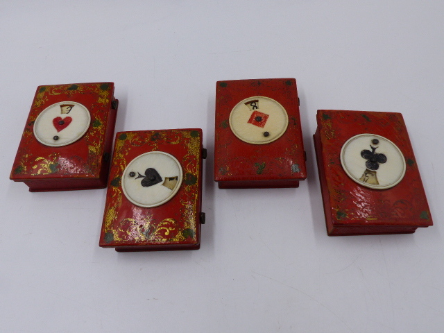 A SET OF FOUR 18th/19th.C.RED LACQUER AND IVORY BRIDGE COUNTERS, TOPS WITH INTEGRAL NUMBER WHEELS - Image 2 of 14