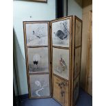 NINE 19th/20th.C.JAPANESE WATERCOLOURS MOUNTED AS A THREE FOLD SCREEN, EIGHT ORNITHOLOGICAL SUBJECTS