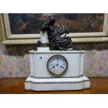 A MID VICTORIAN WHITE MARBLE AND BRONZE MANTLE CLOCK SURMOUNTED WITH STUDIOUS FIGURE SEATED