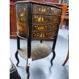 AN ORIENTAL EXPORT CHINOISERIE LACQUER FOUR DRAWER STAND IN THE FRENCH TASTE WITH SHAPED TOP AND