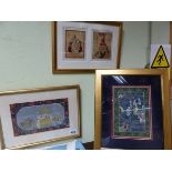 FOUR INDO PERSIAN MINIATURE PAINTINGS AND MANUSCRIPT PAGES AND A PAIR OF ORIENTAL PORTRAITS FRAMED