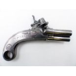 AN UNUSUAL W & J RIGBY, DUBLIN ALL STEEL THREE BARREL PERCUSSION PISTOL WITH ROTATING HAMMER HEAD