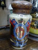 A VICTORIAN GILT AND PLYCHROME DECORATED GLASS APOTHECARY JAR WITH TOLE COVER, ORDER OF THE GARTER