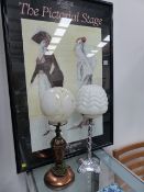 TWO ART DECO TABLE LAMPS TOGETHER WITH A FRAMED EXHIBITION POSTER.