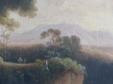 18th/19th.C.ENGLISH SCHOOL. A PAIR OF ITALIANATE LANDSCAPES, OIL ON PANEL, INSCRIBED RATHBONE VERSO.