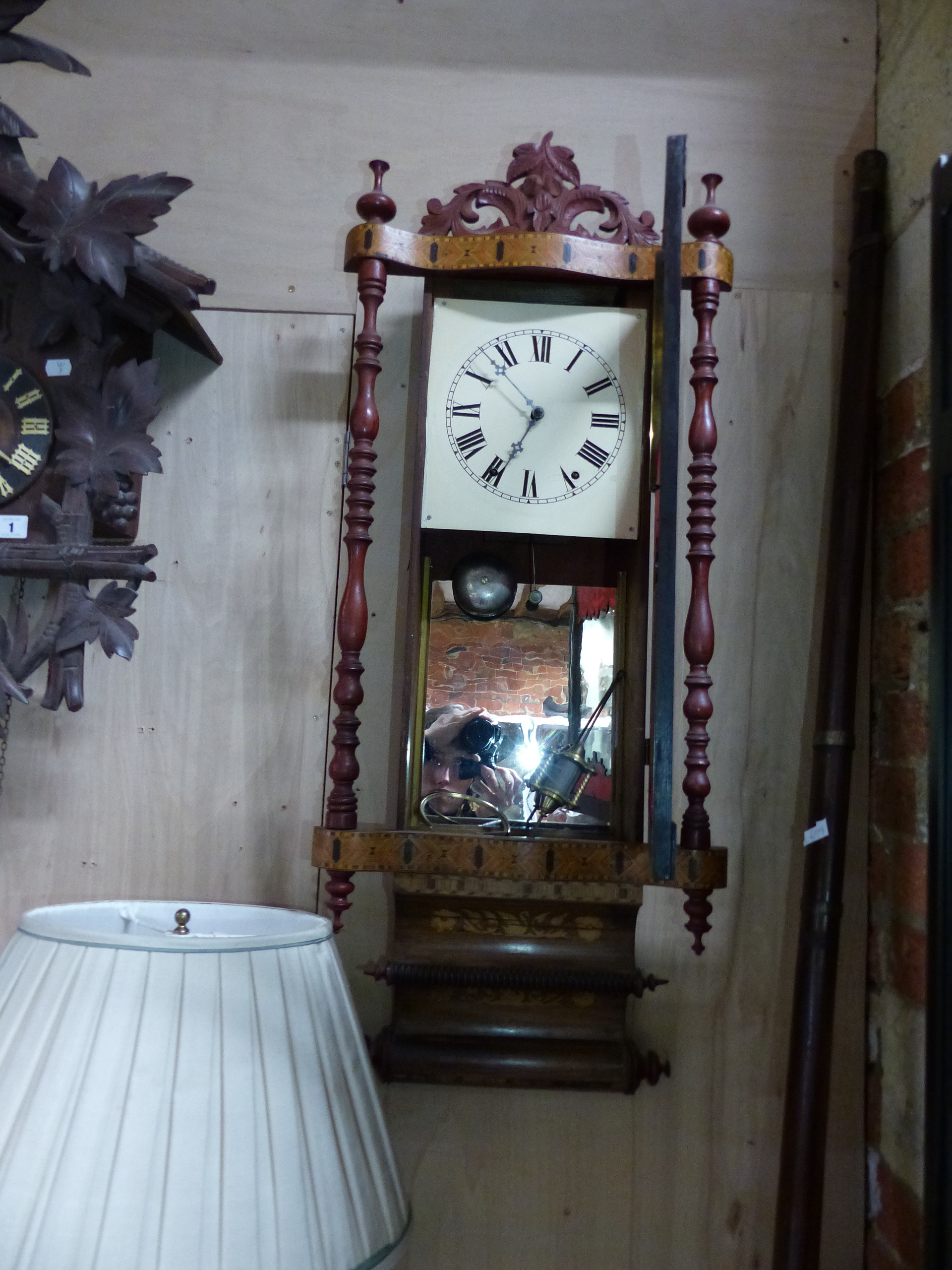 A VICTORIAN DROP DIAL WALL CLOCK WITH ANSONIA TYPE MOVEMENT IN TUNBRIDGE INLAID CASE. H.100cms.