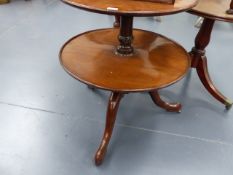 A 19th.C.MAHOGANY TWO TIER DUMB WAITER WITH TILT TOP ON TRIPOD SUPPORT.