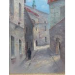 20th.C.RUSSIAN SCHOOL. A VILLAGE STREET INITIALLED N.L. AND INSCRIBED ON REVERSE, OIL ON CANVAS.