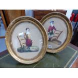 19th.C.ENGLISH/SCOTTISH SCHOOL. TWO OVAL DECOUPAGE WATERCOLOUR PORTRAITS, A SCOTTISH LAD AND LASS IN