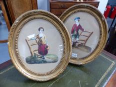 19th.C.ENGLISH/SCOTTISH SCHOOL. TWO OVAL DECOUPAGE WATERCOLOUR PORTRAITS, A SCOTTISH LAD AND LASS IN