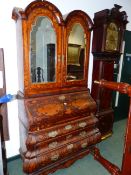 AN IMPRESSIVE MARQUETRY INLAID DUTCH STYLE BOMBE FORM SECRETAIRE CABINET. DOUBLE DOME MIRRORED