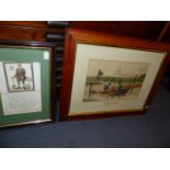 AN ANTIQUE PRINT OF A FISHING SCENE IN MAPLE FRAME TOGETHER WITH AN EARLY PRINT OF A GRAVE DIGGER.