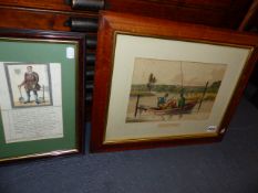 AN ANTIQUE PRINT OF A FISHING SCENE IN MAPLE FRAME TOGETHER WITH AN EARLY PRINT OF A GRAVE DIGGER.