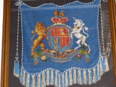 A VICTORIAN BEADWORK BANNER DECORATED WITH THE ORDER OF THE GARTER CREST MOUNTED IN BESPOKE GILT