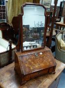 AN 18th.C.AND LATER WALNUT AND MARQUETRY INLAID SWING DRESSING MIRROR WITH FITTED FALL FRONT BASE