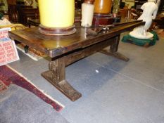 A LARGE 17th.C.AND LATER OAK REFECTORY TABLE WITH HEAVY 3" THICK TWO PLANK TOP ON SQUARE FORM