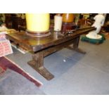 A LARGE 17th.C.AND LATER OAK REFECTORY TABLE WITH HEAVY 3" THICK TWO PLANK TOP ON SQUARE FORM