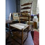A GOOD 19th.C.RUSH SEAT ASH CLISSET CHAIR WITH GRADUATED FIVE TIER LADDER BACK.