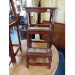 A LATE VICTORIAN MAHOGANY SET OF LIBRARY STEPS WITH CARPET INSET TREADS.