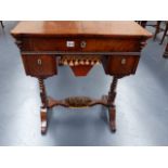 A VICTORIAN ROSEWOOD WORK TABLE WITH RISING TOP OVER TWO DRAWERS AND SEWING BASKET ON TRESTLE END