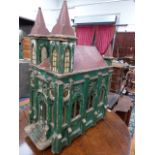 AN ANTIQUE SCRATCH BUILT MODEL OF A CHURCH WITH FITTED ALTAR RETAINING ORIGINAL PAINT DECORATION.