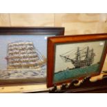 TWO VINTAGE WOOLWORK PANELS OF SAILING SHIPS. LARGEST 31 x 36cms.