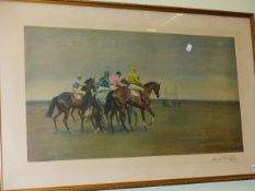 AFTER SIR ALFRED MUNNINGS. (1878-1959) OCTOBER MEETING, PENCIL SIGNED, COLOUR PRINT. 55 x 87cms.