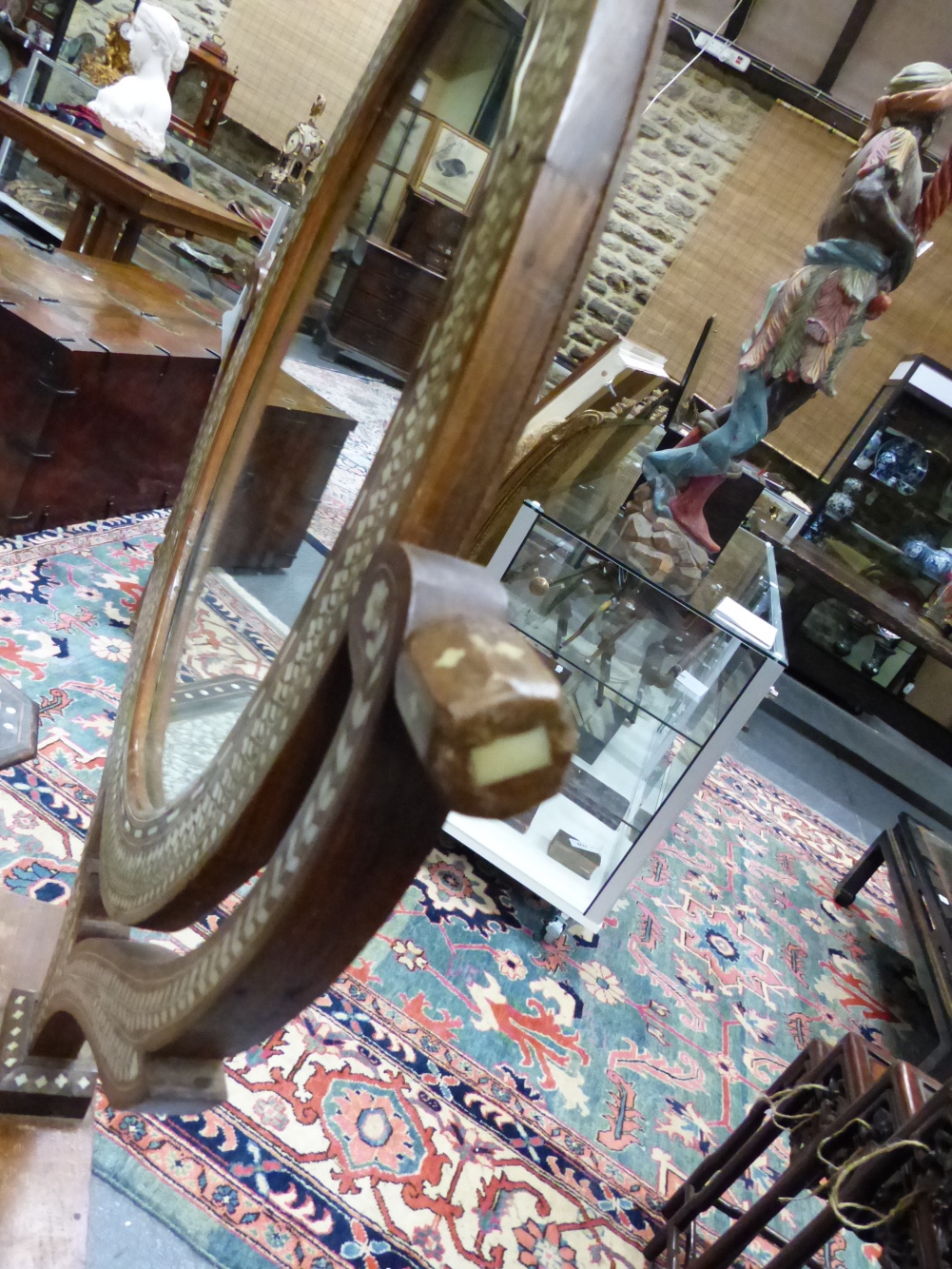 AN INDO PERSIAN INLAID HARDWOOD DRESSING MIRROR ON STAND, ALL OVER BANDED DECORATION WITH ANIMAL AND - Image 19 of 25