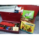 A QUANTITY OF VINTAGE MECCANO AND OTHER CONSTRUCTION PARTS CONTAINED IN TWO RED PAINTED WOOD BOXES ,
