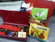 A QUANTITY OF VINTAGE MECCANO AND OTHER CONSTRUCTION PARTS CONTAINED IN TWO RED PAINTED WOOD BOXES ,