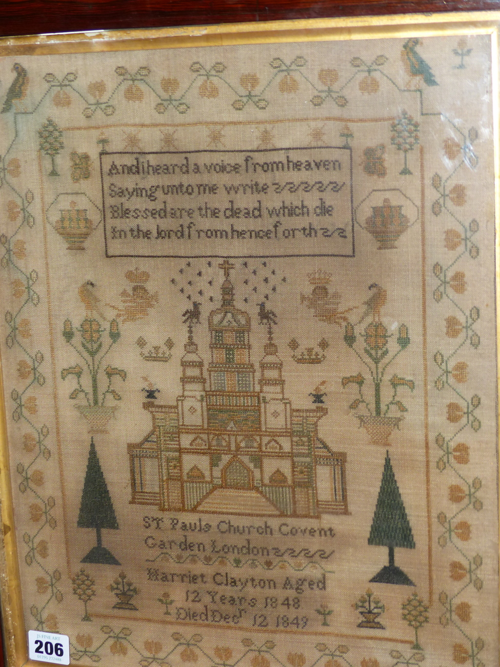 A VICTORIAN NEEDLEPOINT SAMPLER WITH A SCENE OF ST.PAUL'S CHURCH, COVENT GARDEN BELOW VERSE WITH