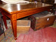 A LARGE LATE VICTORIAN/EDWARDIAN MAHOGANY SERVING TABLE ON INLAID SQUARE TAPERED LEGS. W.214 x D.
